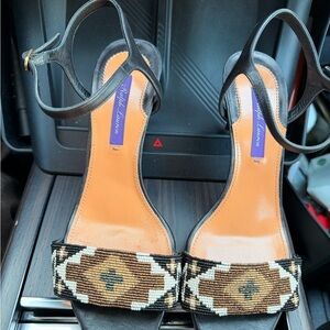 Ralph Lauren Black and Tan Women's Beaded (Purple Label)kitten heels sandal